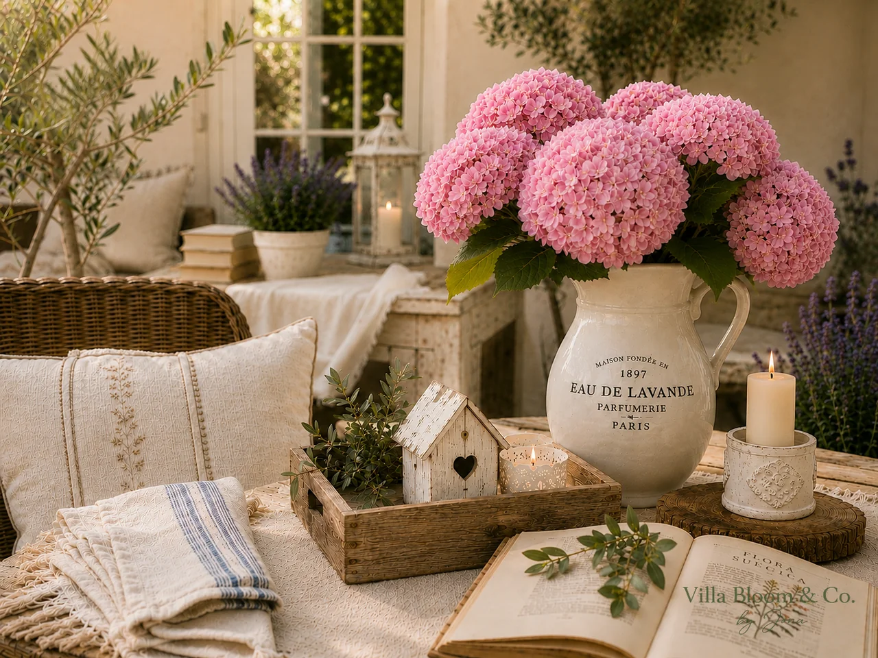 Hydrangea still life with an Eau de Lavande pitcher, lavender, white candles and an open vintage botanical book