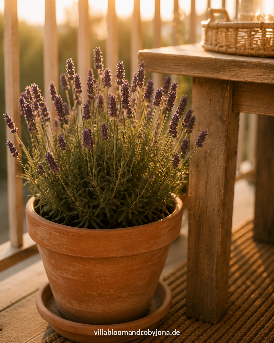 Lavendel in einem Terrakotta-Topf auf einem Holzbalkon im warmen Abendlicht