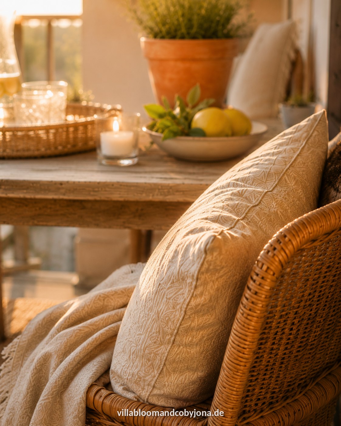 Rattansessel mit Leinenkissen und Plaid neben einem Holztisch mit Zitronenschale im Abendlicht