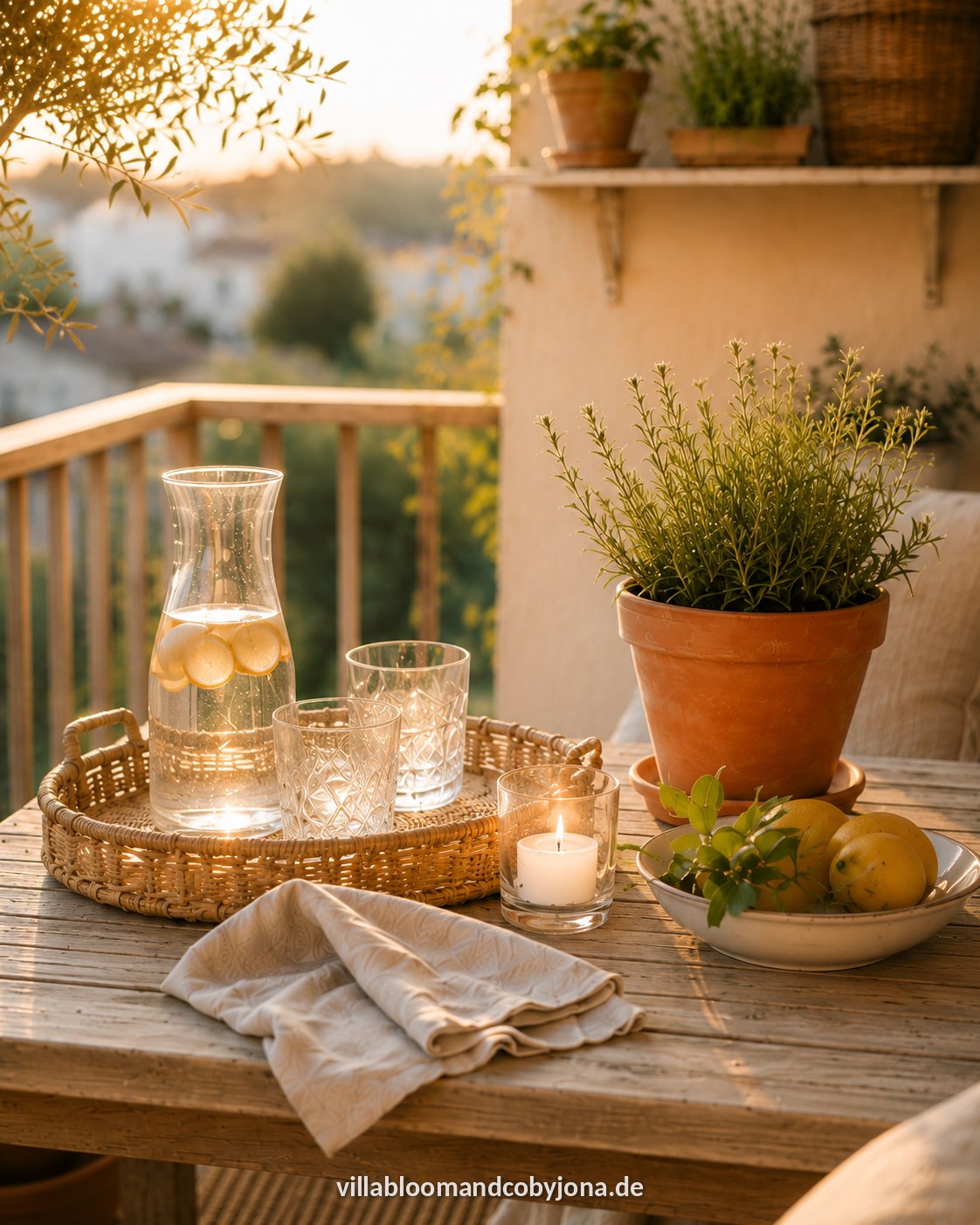Sommerlich gedeckter Balkontisch mit Zitronenwasser auf dem Rattan-Tablett, Windlicht, Leinentuch und Kräutertopf im Abendlicht