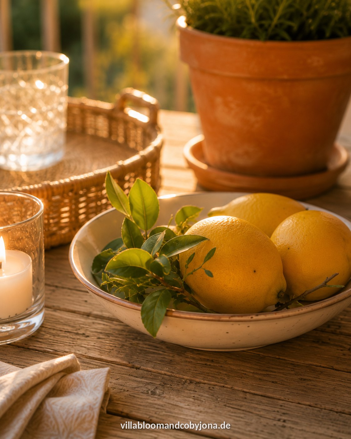 Schale mit frischen Zitronen und grünen Blättern auf einem Holztisch neben einer Kerze im goldenen Licht