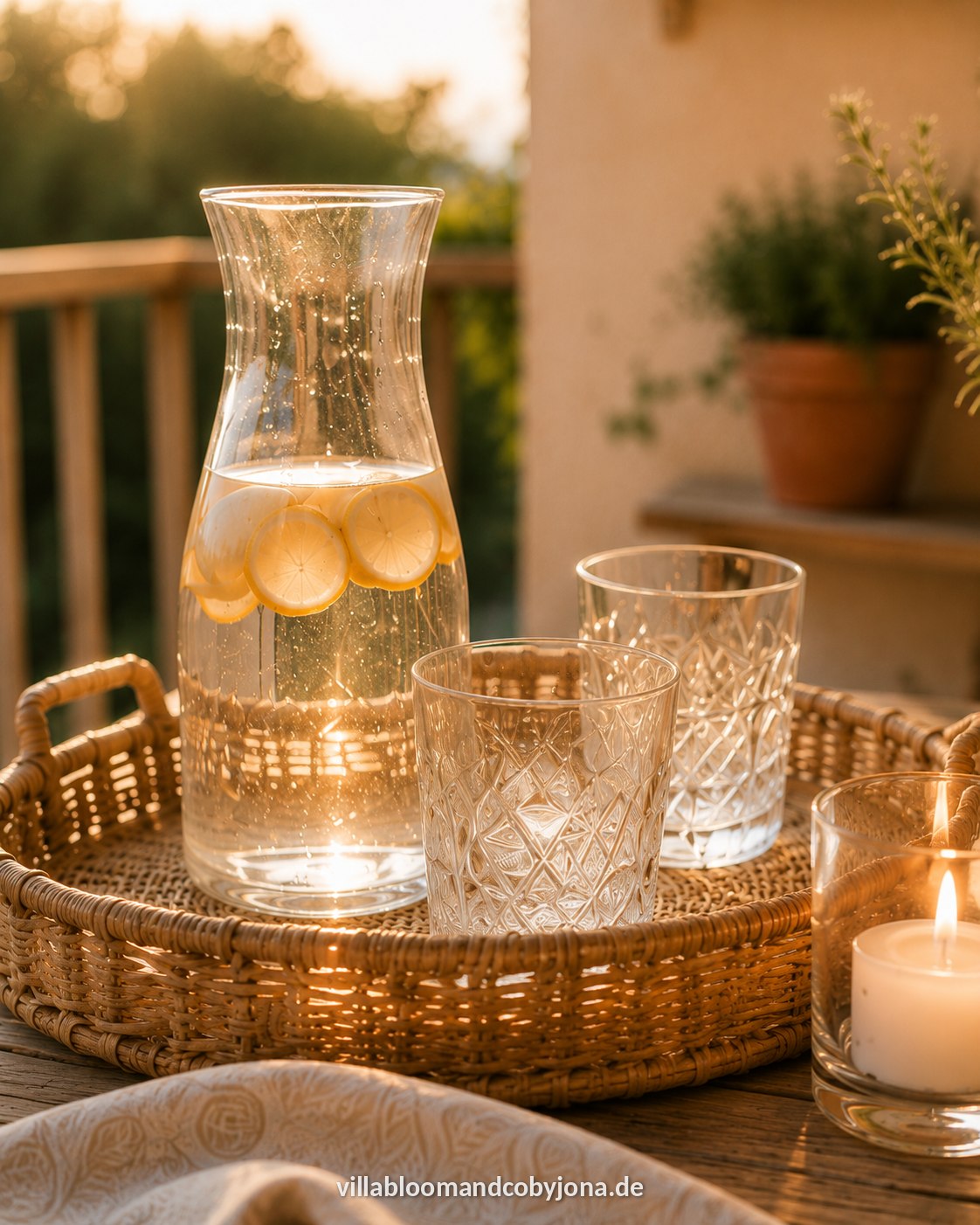 Glaskaraffe mit Zitronenwasser und geschliffene Gläser auf einem Rattan-Tablett im warmen Abendlicht