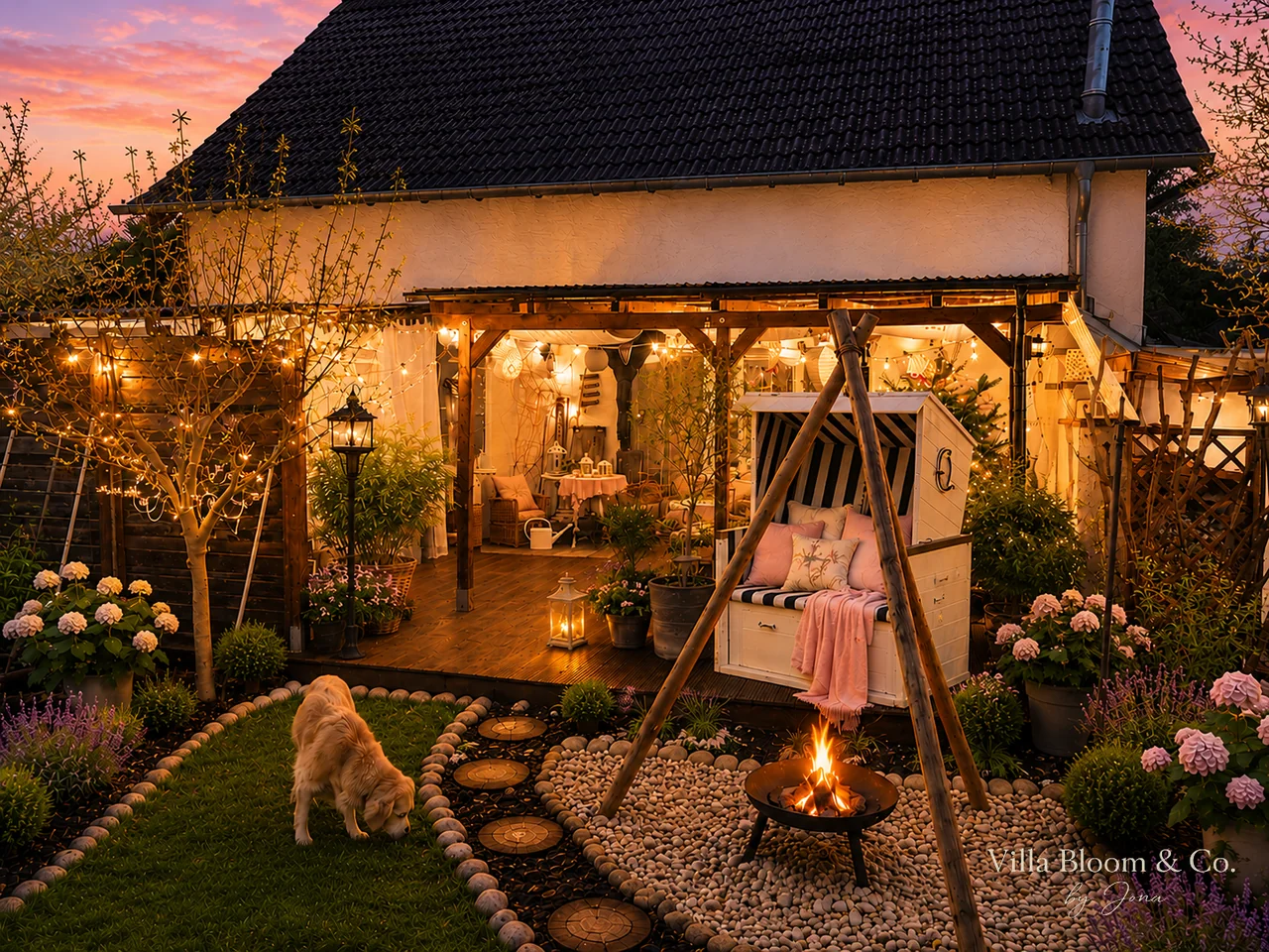 Sommerlicher Provence-Tisch unter blühenden Bäumen mit Lichterketten, großer Sturmlaterne mit Wachskerze, Teelichtern in Gläsern, Wildblumen in cremefarbener Vintage-Kanne und Lavendel vor einer Hauswand mit salbeigrünen Fensterläden