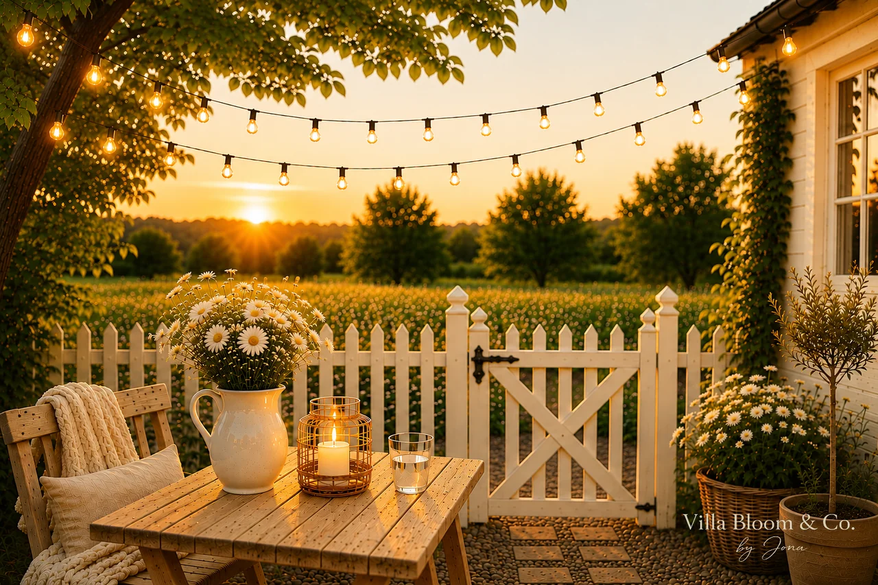 Sommerabend auf einer Landhaus-Terrasse mit warmweißen Lichterketten, kupfernem Sturmlicht und Margeriten