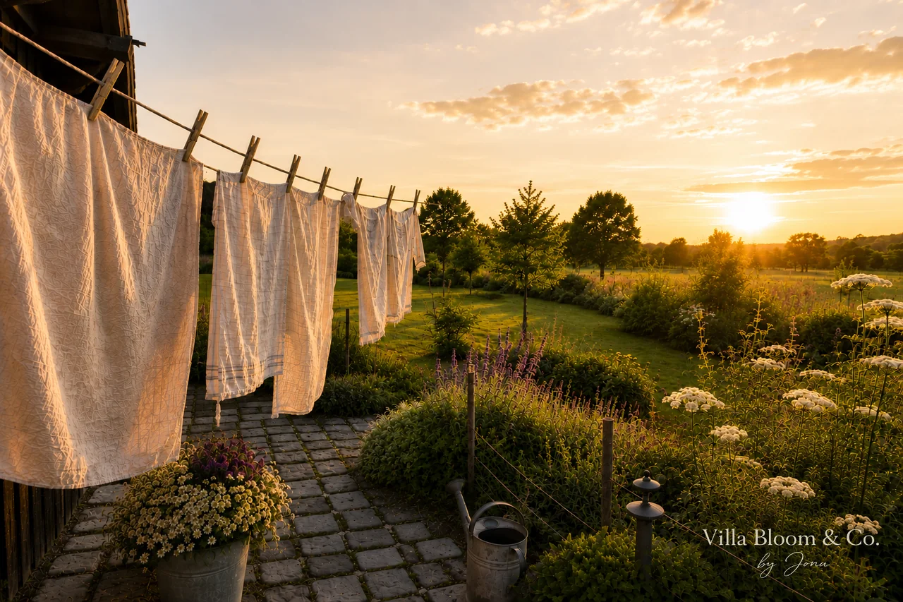 White linen bedding drying on the clothesline at sunset over a wild summer garden with daisies and wildflowers, watering can and cobblestones
