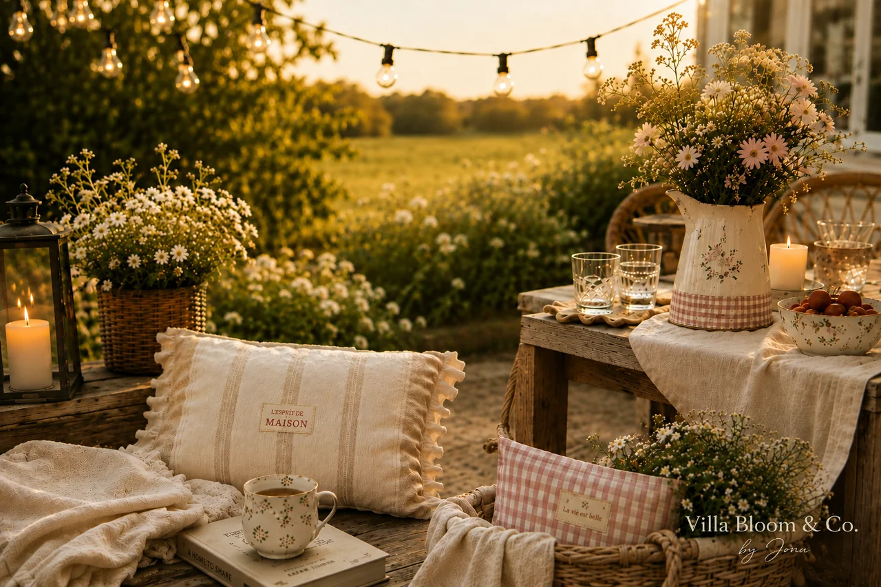 Romantic summer evening with fairy lights, lanterns and wildflowers in the golden hour
