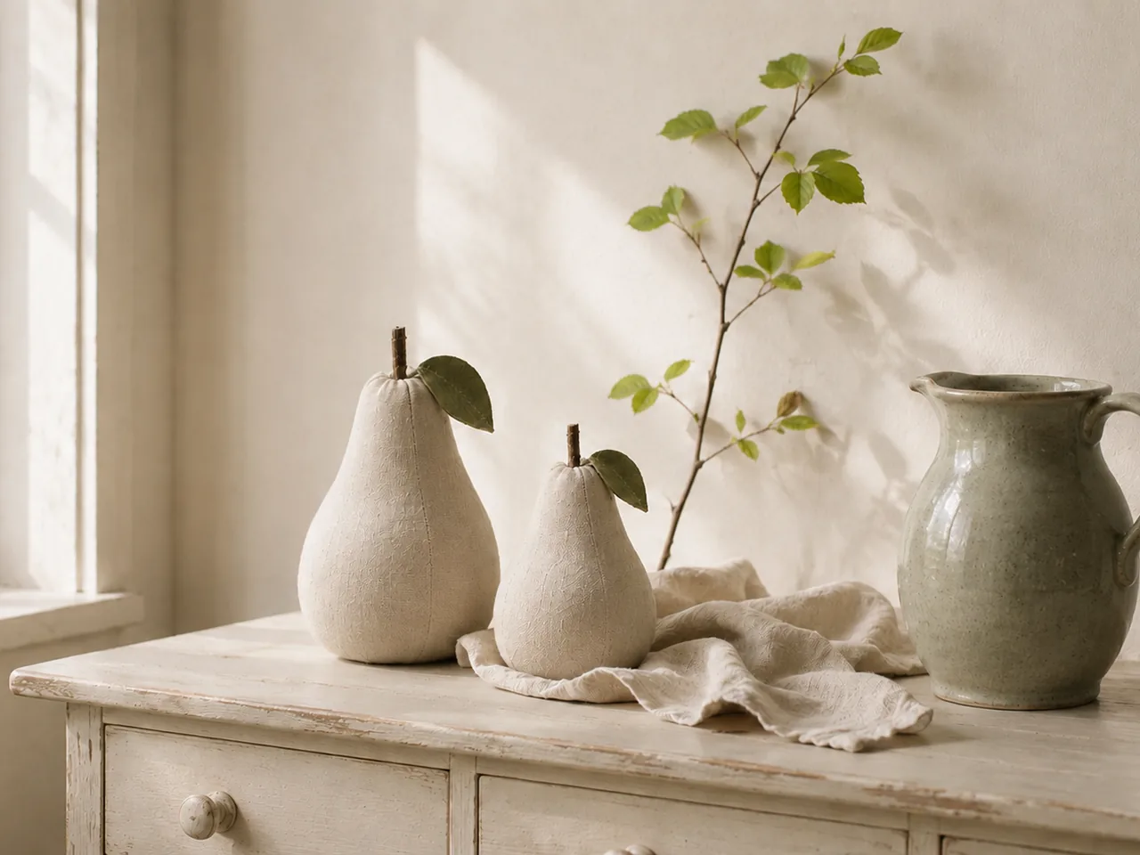 Leinenbirnen in Creme auf heller Kommode mit grünem Zweig – Spätsommer-Deko im Landhausstil
