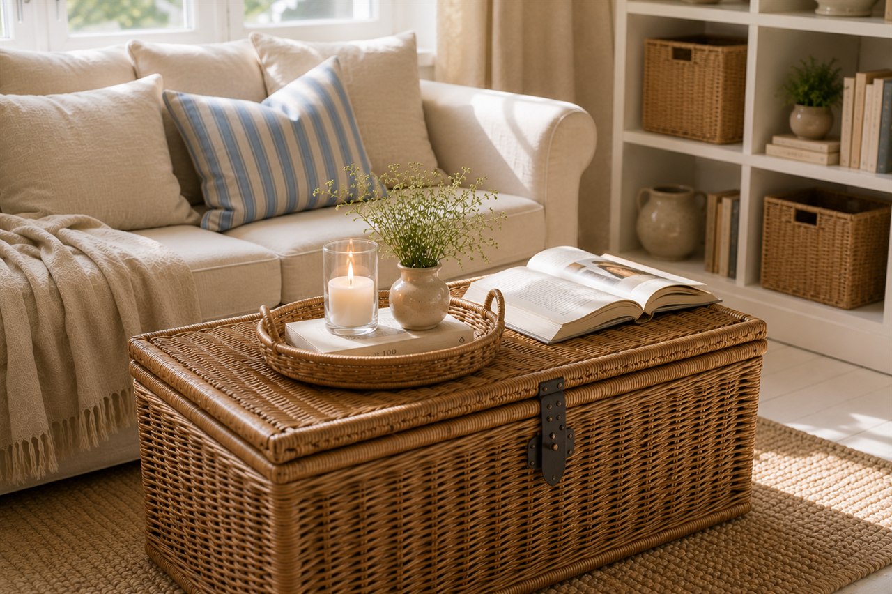 Rattan-Truhe als Couchtisch mit Stauraum, darauf ein Tablett mit Kerze und Buch, daneben weißes Sofa
