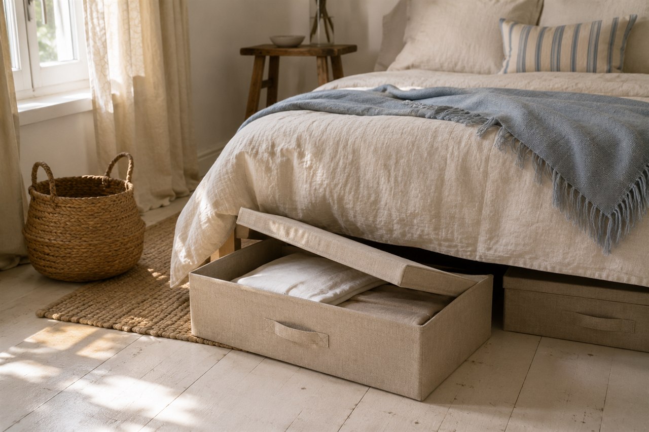 Bett mit heller Leinen-Tagesdecke, darunter flache Aufbewahrungsboxen aus Stoff hervorgezogen