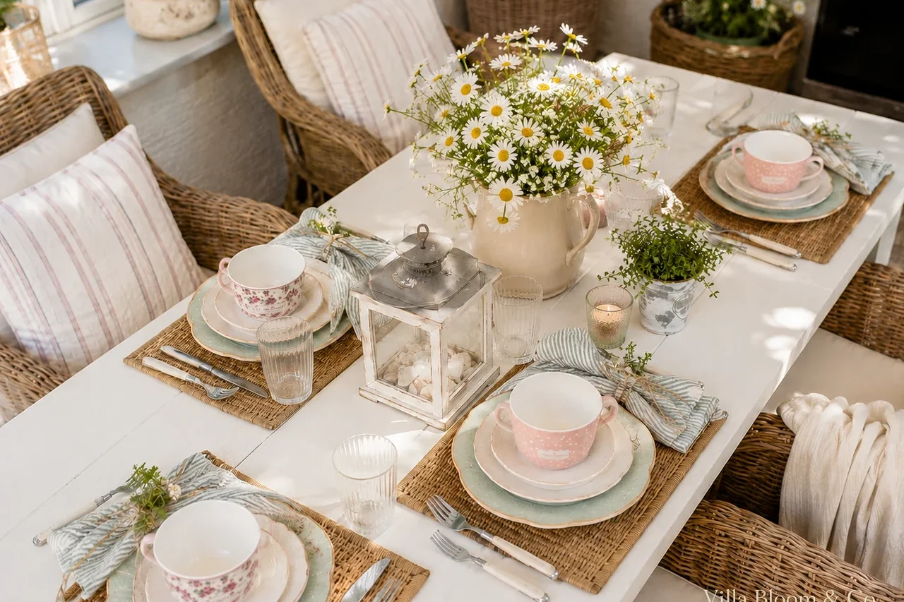 Gedeckter Tisch im Landhausstil mit Margeriten und Rattan-Sets