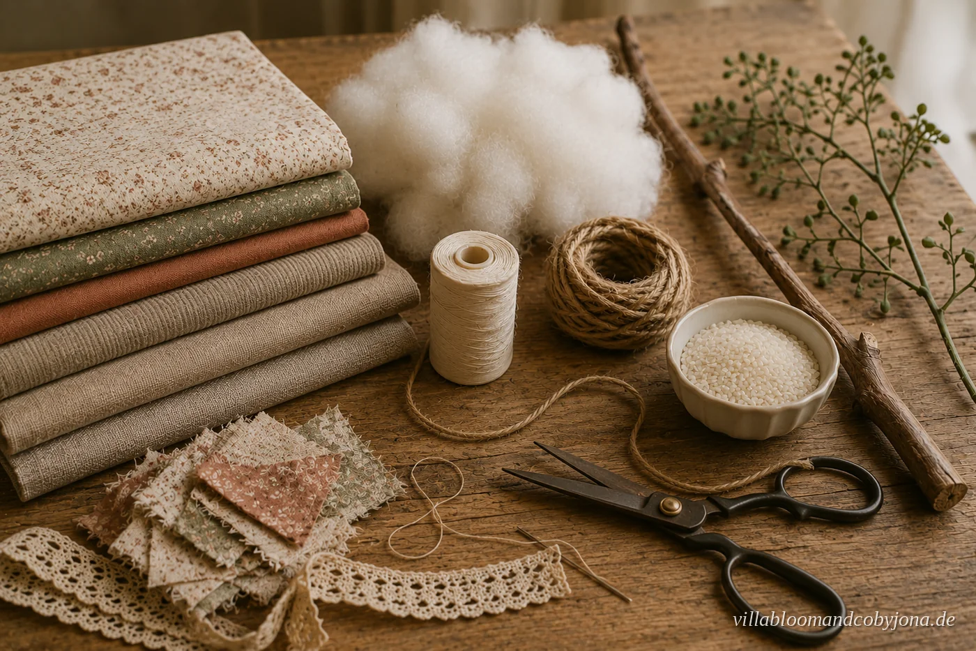 Material für Stoffkürbisse: gemusterte Stoffe und Leinen, Füllwatte, Garn, Kordel, Häkelborte, Reis, Schere und ein Zweig als Stiel