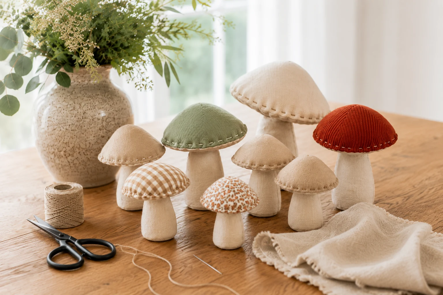 Selbst genähte Stoffpilze in Herbstfarben auf einem Holztisch im Landhausstil
