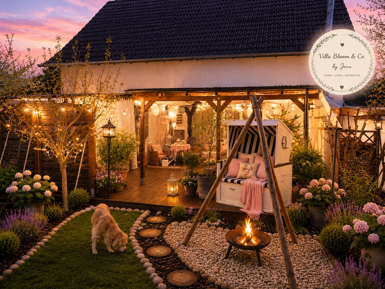 Terrasse au crépuscule avec de nombreuses guirlandes lumineuses, des lanternes et un brasero