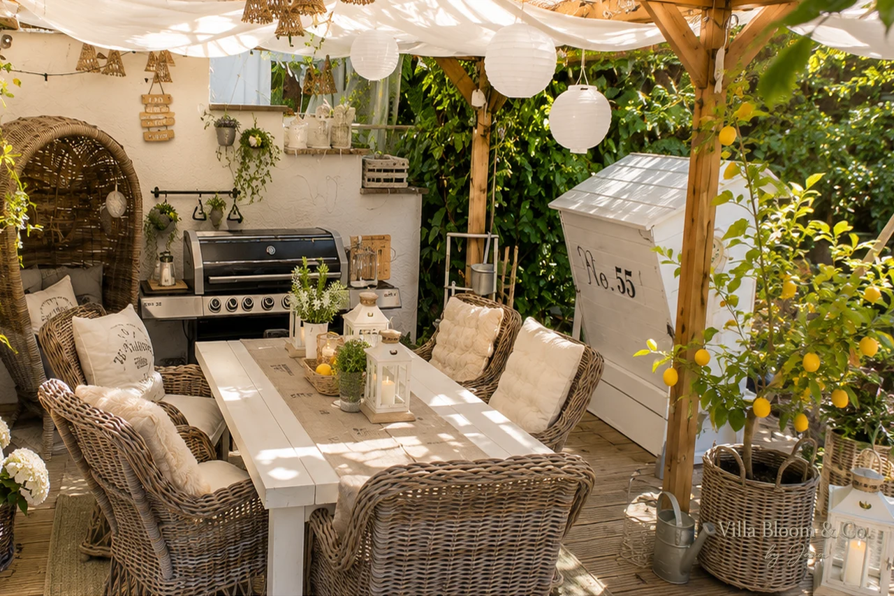 Mediterrane Terrasse im Landhausstil mit Oleander, Lavendel und Terrakotta