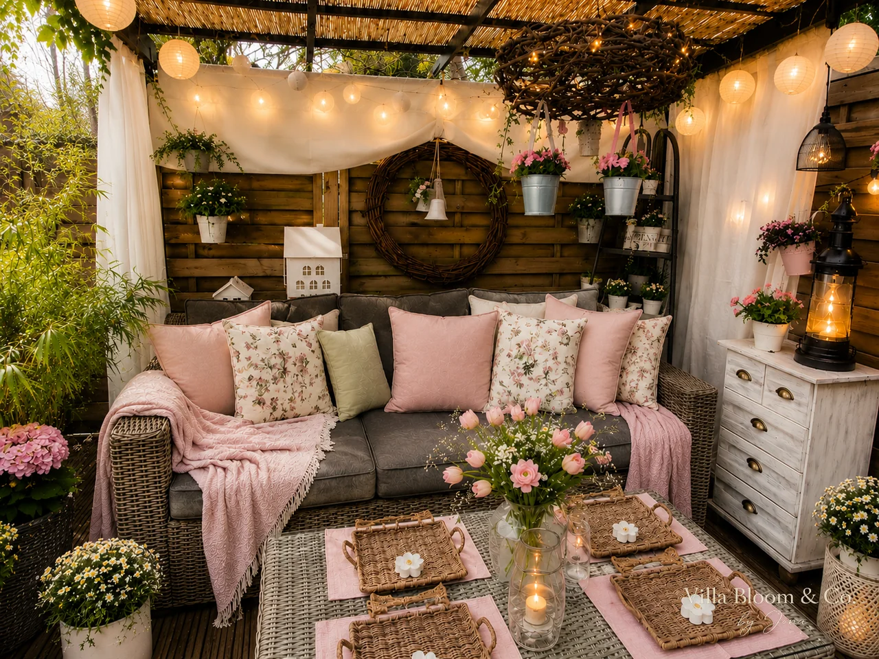 Cosy terrace seating area under a pergola