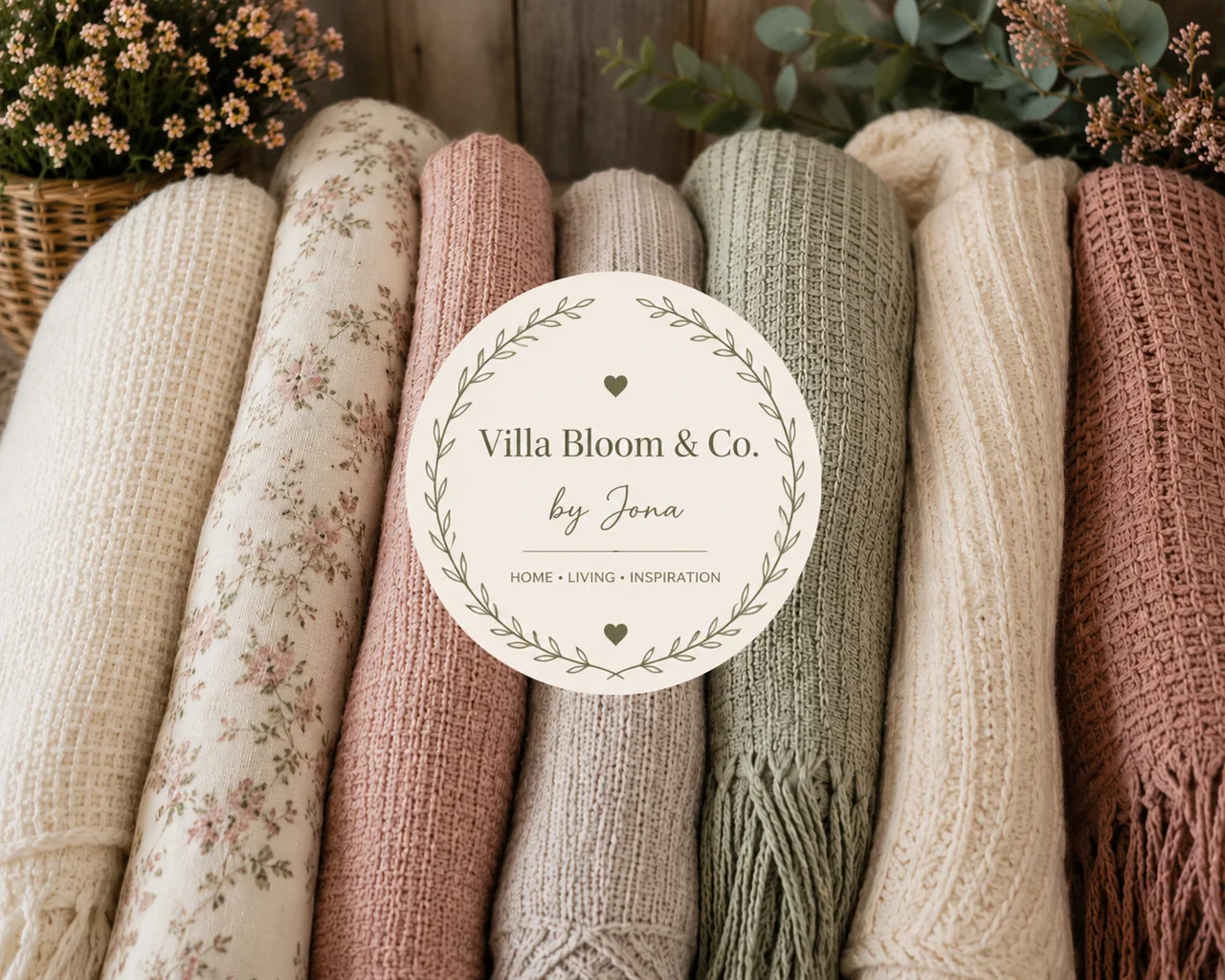 Plaids et couvertures doux empilés en crème, rose et vert sauge dans un panier