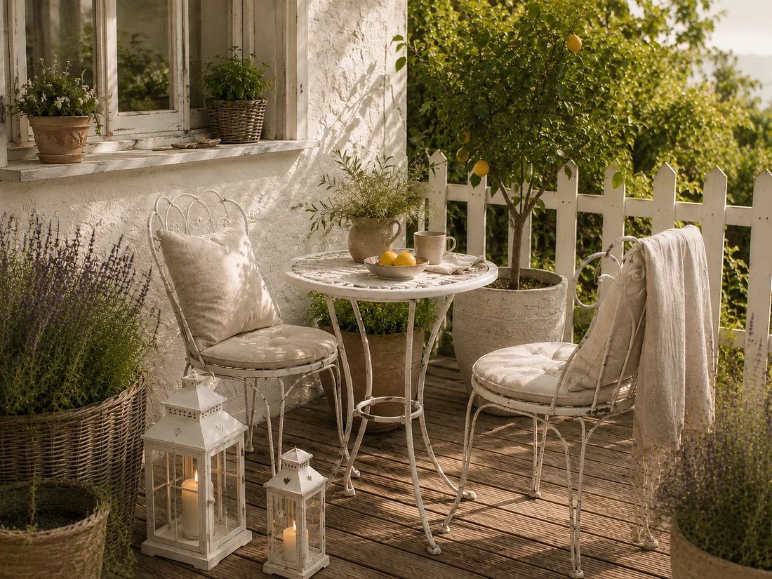 Kleine weiße Bistrogruppe aus Eisen im Landhausstil am Gartenhäuschen