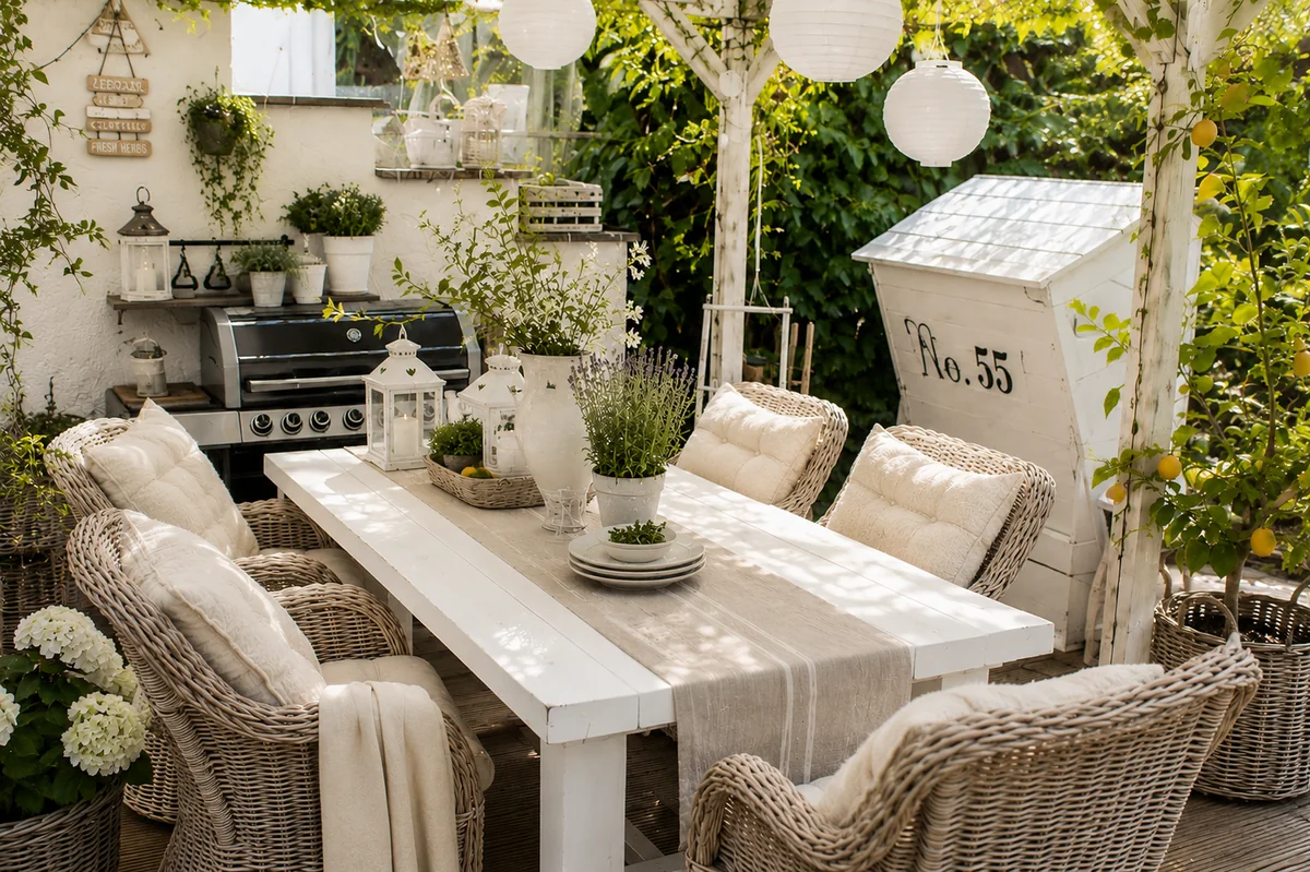 Großer heller Holztisch mit Korbstühlen unter der Pergola im Landhausstil