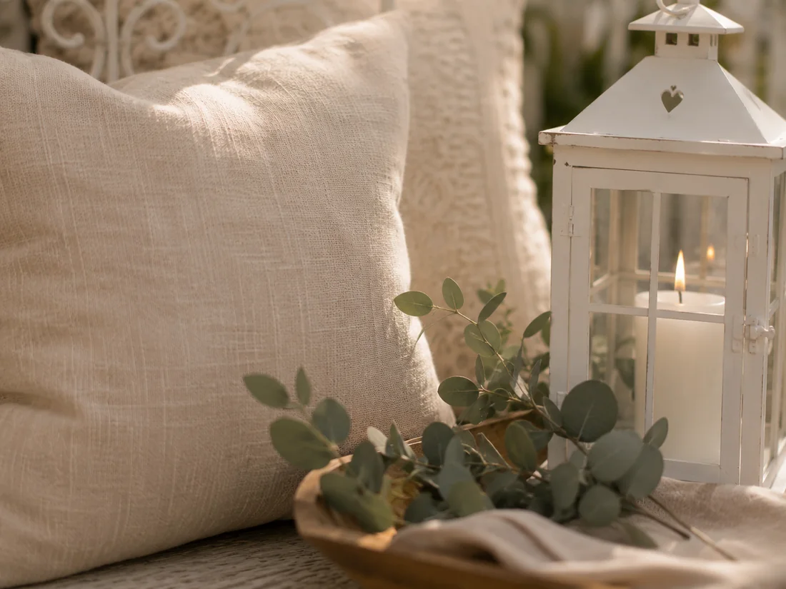 Terrassenmöbel im Landhausstil – helle Leinenkissen mit Laterne und Eukalyptus