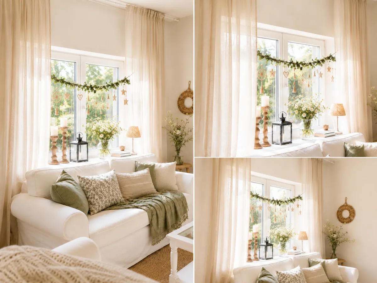 Bodenlange cremefarbene Leinenvorhänge, hoch und breit über das Fenster gehängt, mit weichem Tageslicht im Landhaus-Wohnzimmer