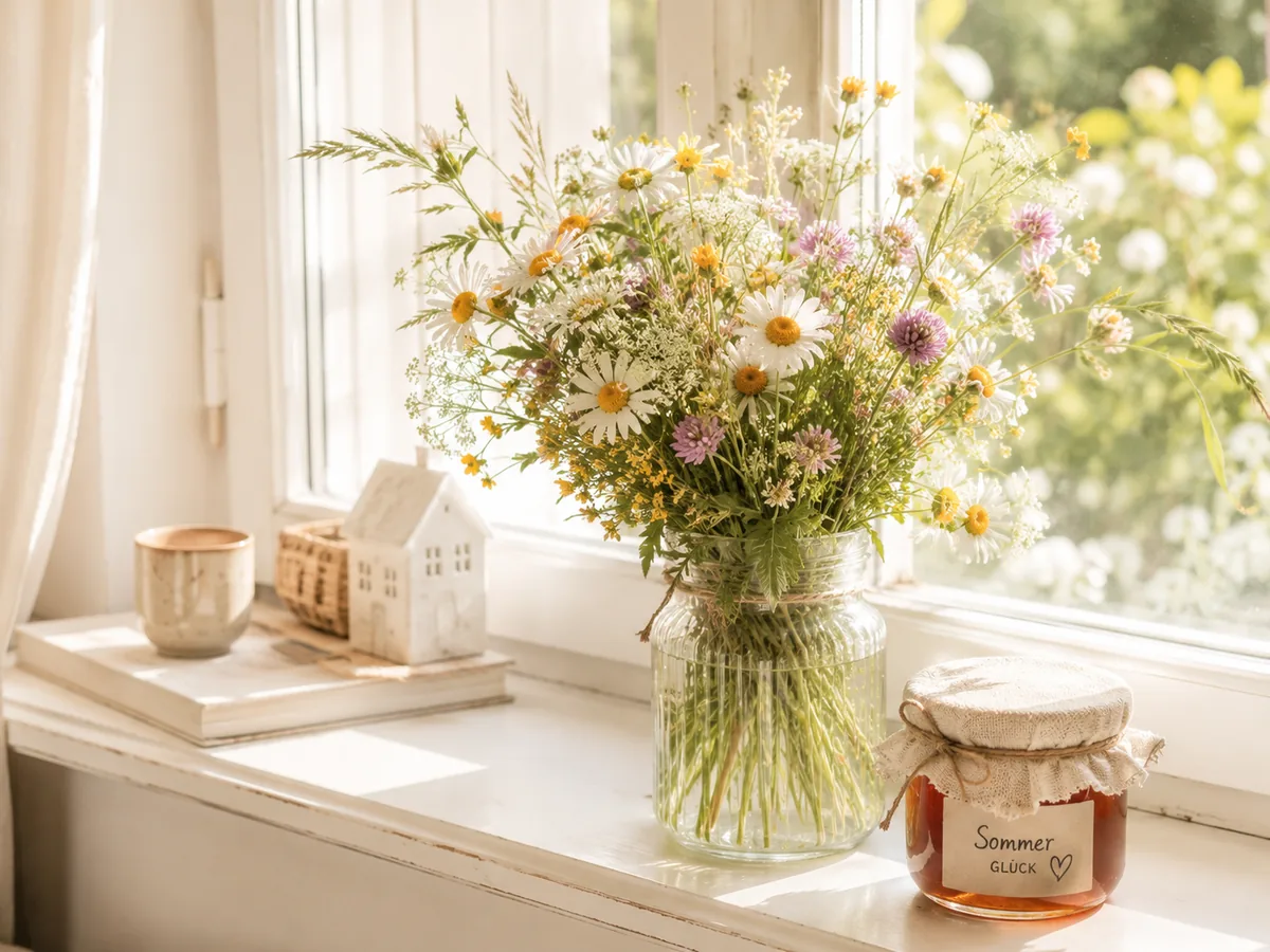 Wildblumenstrauß in einem alten Marmeladenglas auf heller Fensterbank, daneben ein Glas Honig im Landhausstil