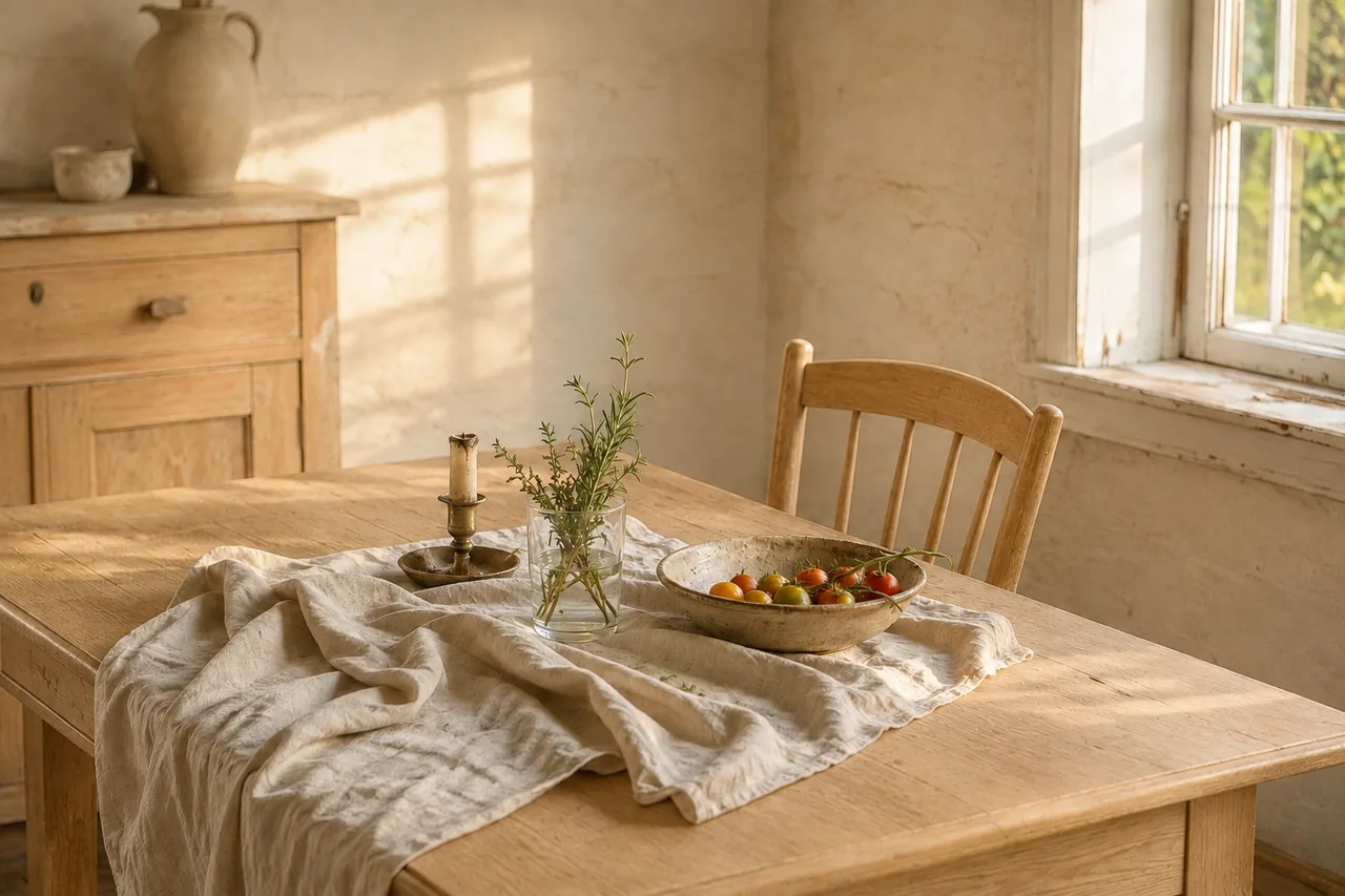 Gedeckter Esstisch im Landhausstil mit Leinentuch und Kerze im September