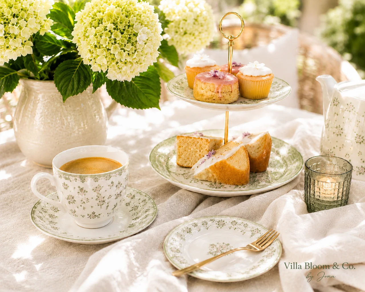 Detail of a summer afternoon coffee table with GreenGate cup in sage with floral pattern, cake stand with mini cupcakes and slices, white hydrangeas in a cream-coloured vintage pitcher and a gold cake fork on linen