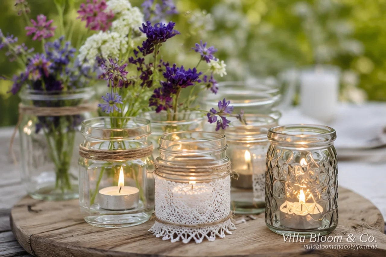 Mehrere kleine Marmeladengläser mit Wildblumen und Teelichtern, mit Spitze und Schnur verziert