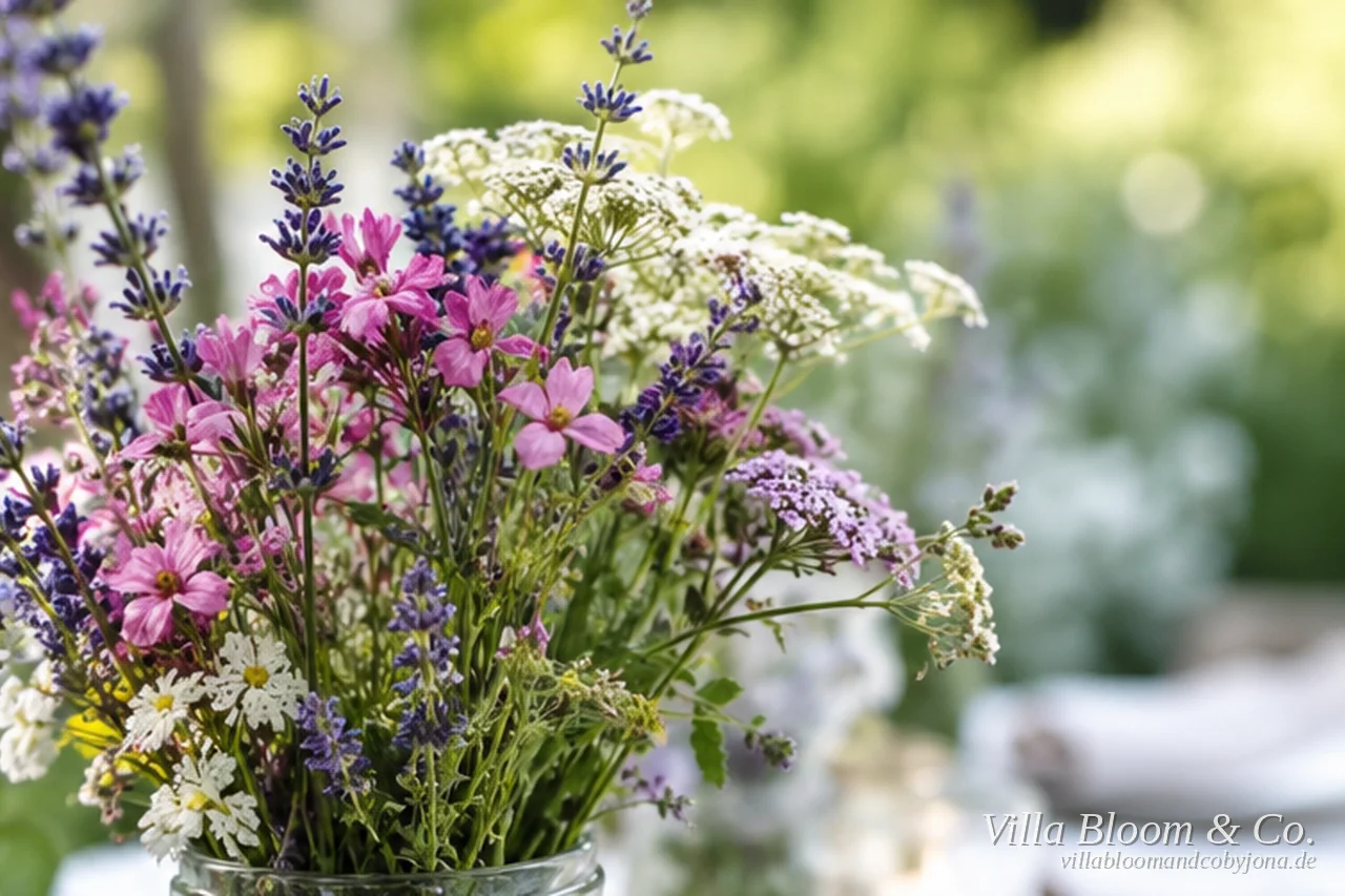 Frisch gepflückter Wildblumenstrauß aus dem Garten – Lavendel, Schafgarbe und rosa Wiesenblumen