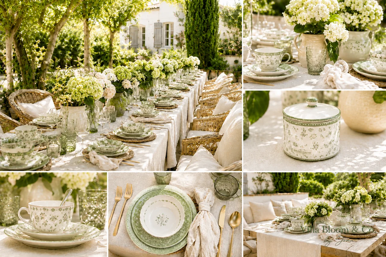 Summer table with GreenGate china in sage, linen, rattan and hydrangeas
