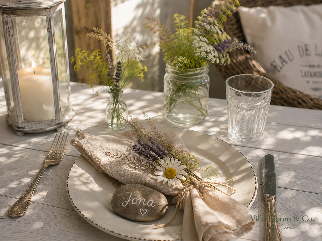 Gedeckter Platz mit einer in Naturbast gebundenen Leinenserviette, Lavendel und einem beschrifteten Stein als Platzkärtchen mit dem Namen Jona