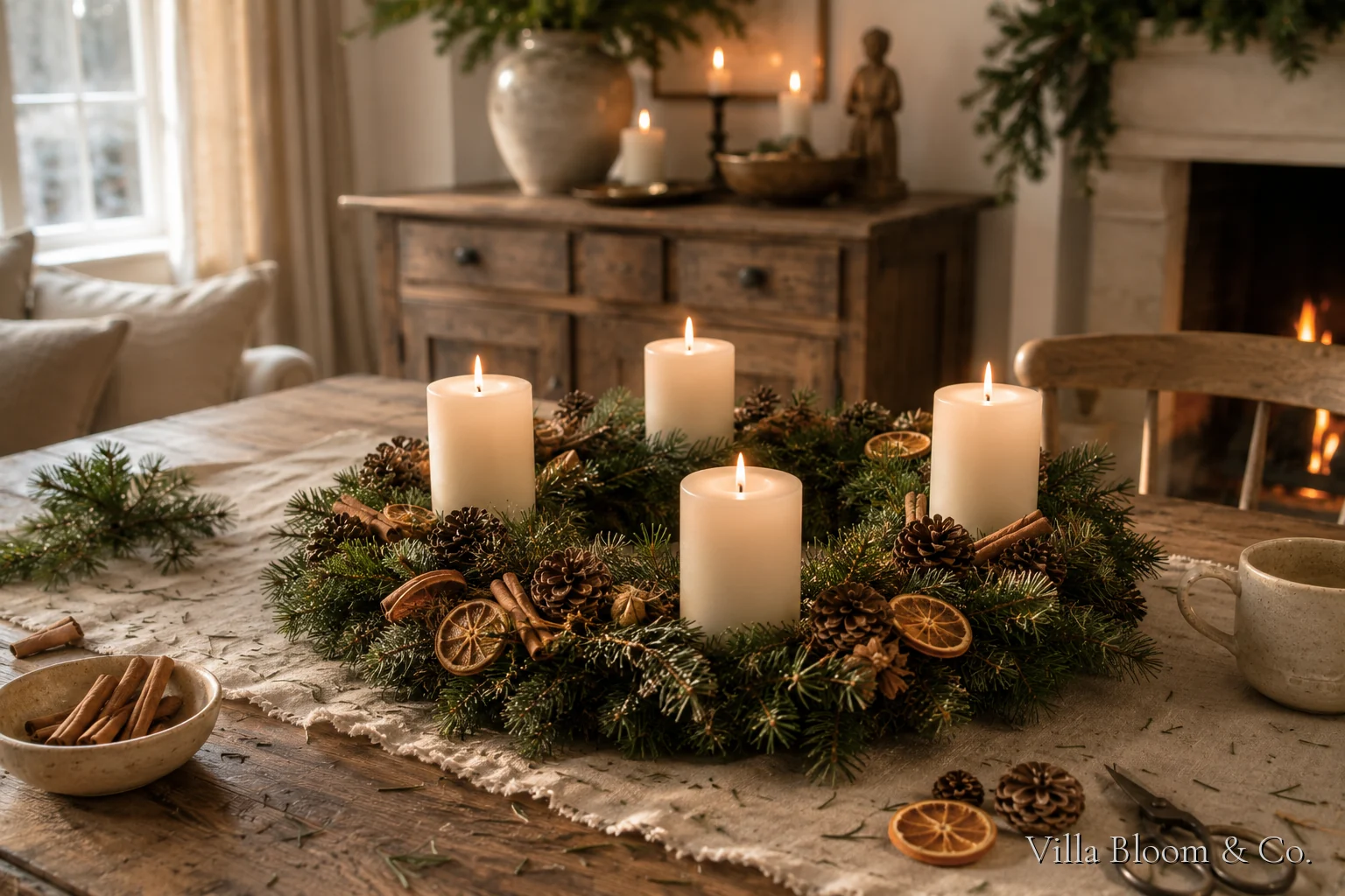 Selbst gebundener Adventskranz im Landhausstil mit Tannenzweigen, Zapfen, getrockneten Orangenscheiben und vier weißen Kerzen