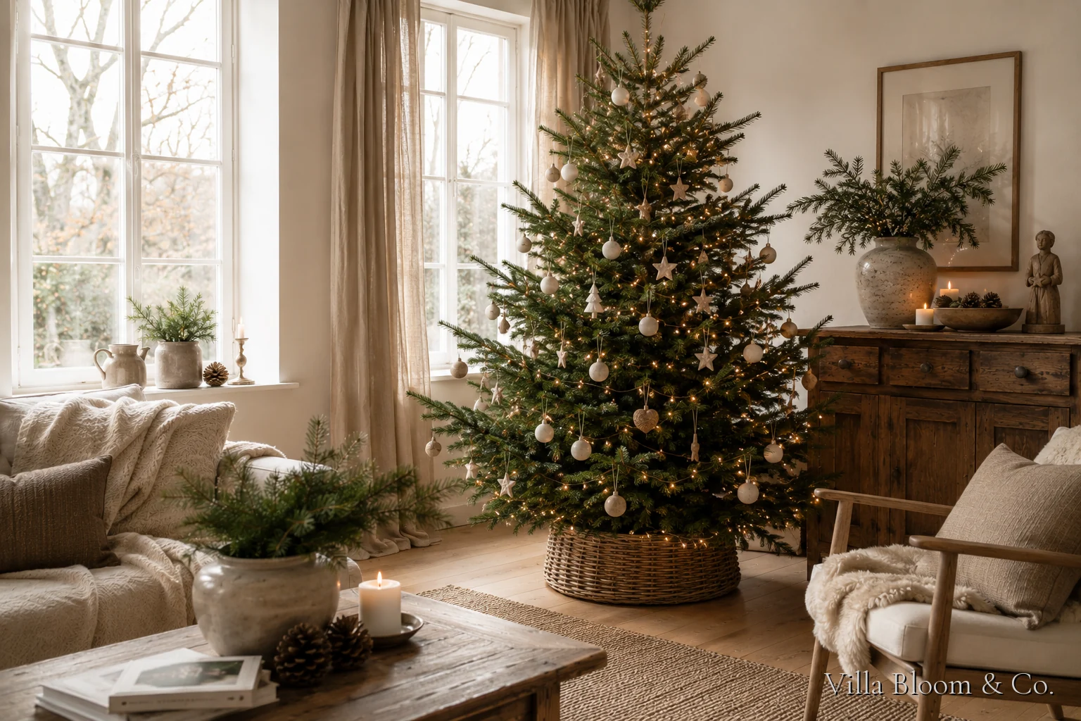 Weihnachtsbaum im Landhausstil mit cremeweißen Kugeln und Holzanhängern in einem Korb