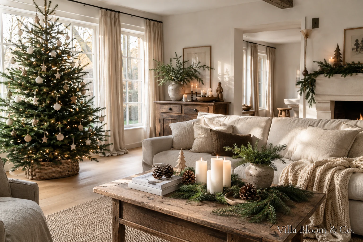 Weihnachtsdeko im Landhausstil mit Tannenzweigen, weißen Kerzen und Holzdekoration