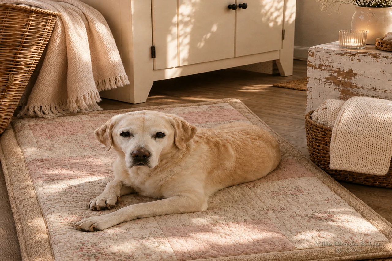 Labrador auf geblümtem Hundebett im Landhausstil Wohnzimmer