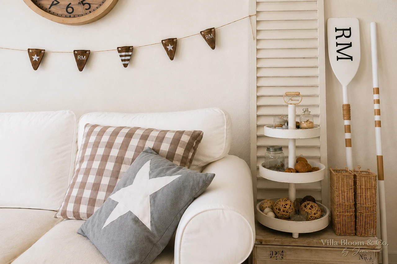 Weißes Sofa mit karierten und Stern-Kissen im Wohnzimmer im Landhausstil