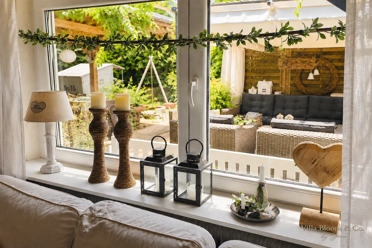 Wohnzimmer-Fensterbank mit Kerzenständern, Laternen und Blick in den Garten