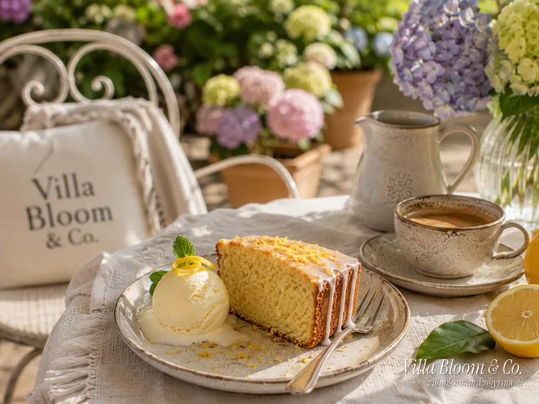 Saftiger Lemon cake mit Vanilleeis auf der sommerlichen Terrasse im Landhausstil