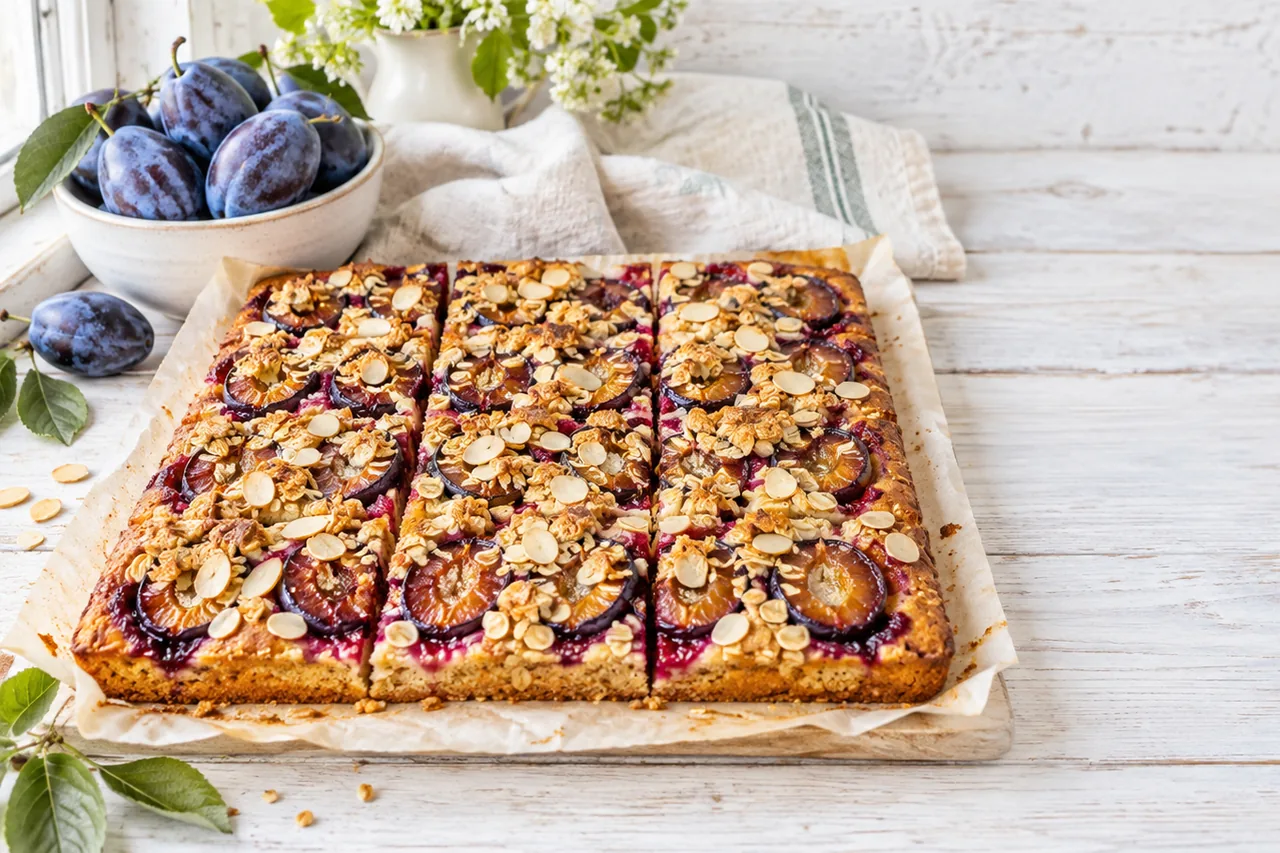 Zwetschgen-Hafer-Kuchen vom Blech mit Knusperkruste aus Hafer und Mandeln auf hellem Holz