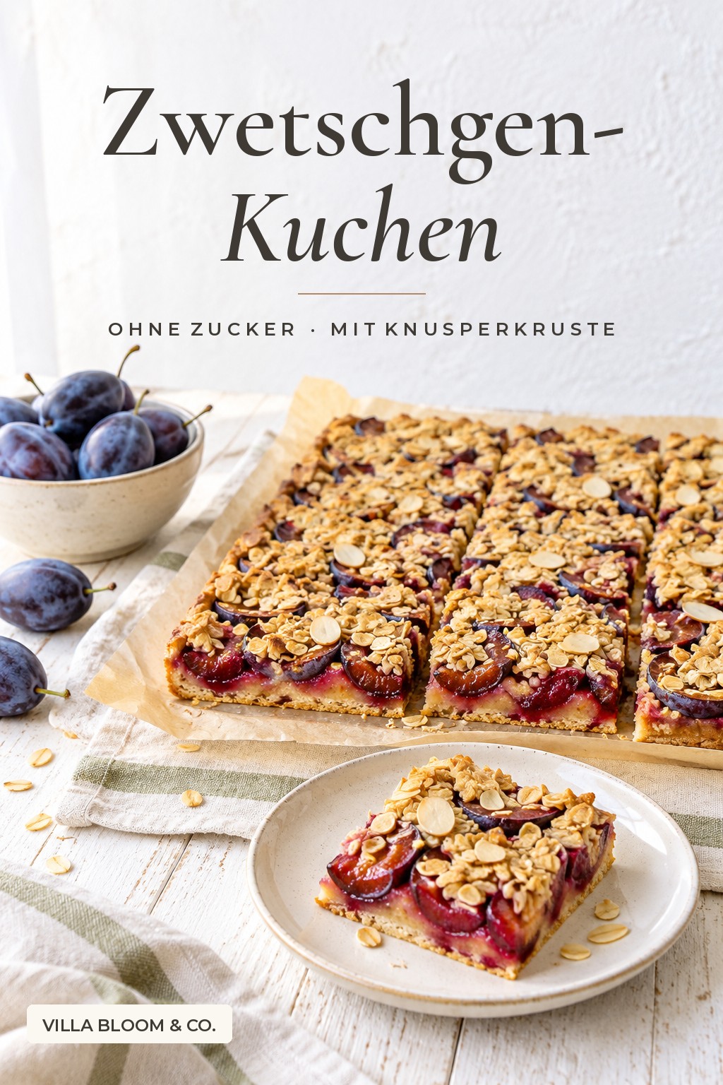 Zwetschgen-Hafer-Kuchen vom Blech ohne Zucker mit Knusperkruste – Rezept nur mit Fruchtsüße