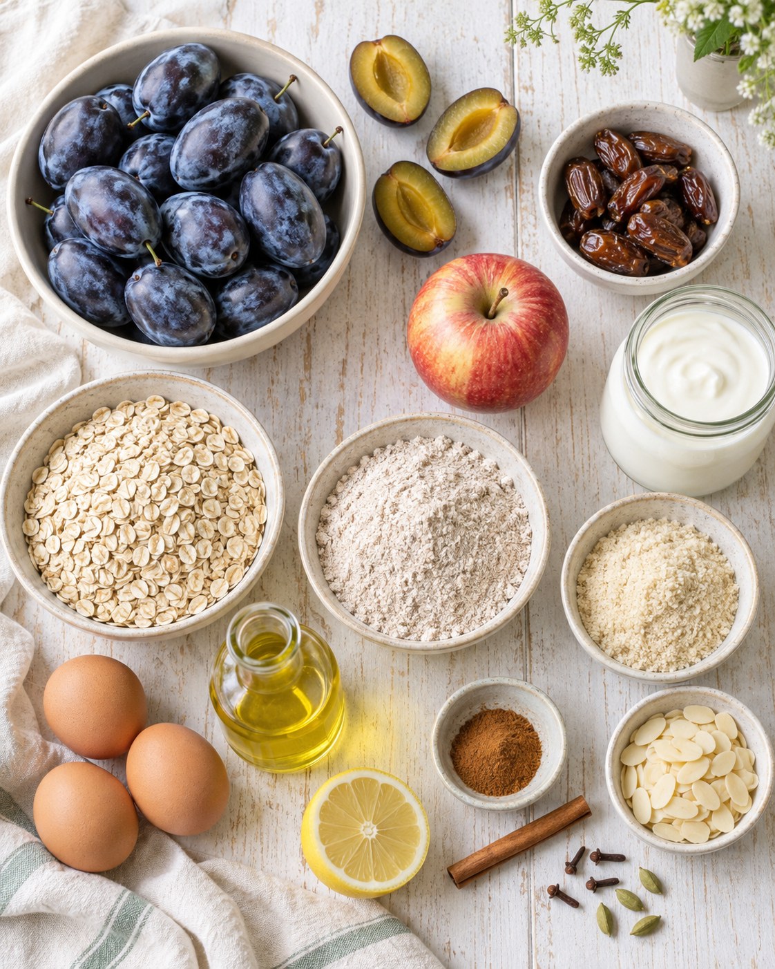 Zutaten für den Zwetschgen-Hafer-Kuchen ohne Zucker auf hellem Holz: Zwetschgen, Datteln, Apfel, Haferflocken, gemahlene Mandeln, Dinkelvollkornmehl, Joghurt, Eier, Rapsöl, Zimt, Nelken