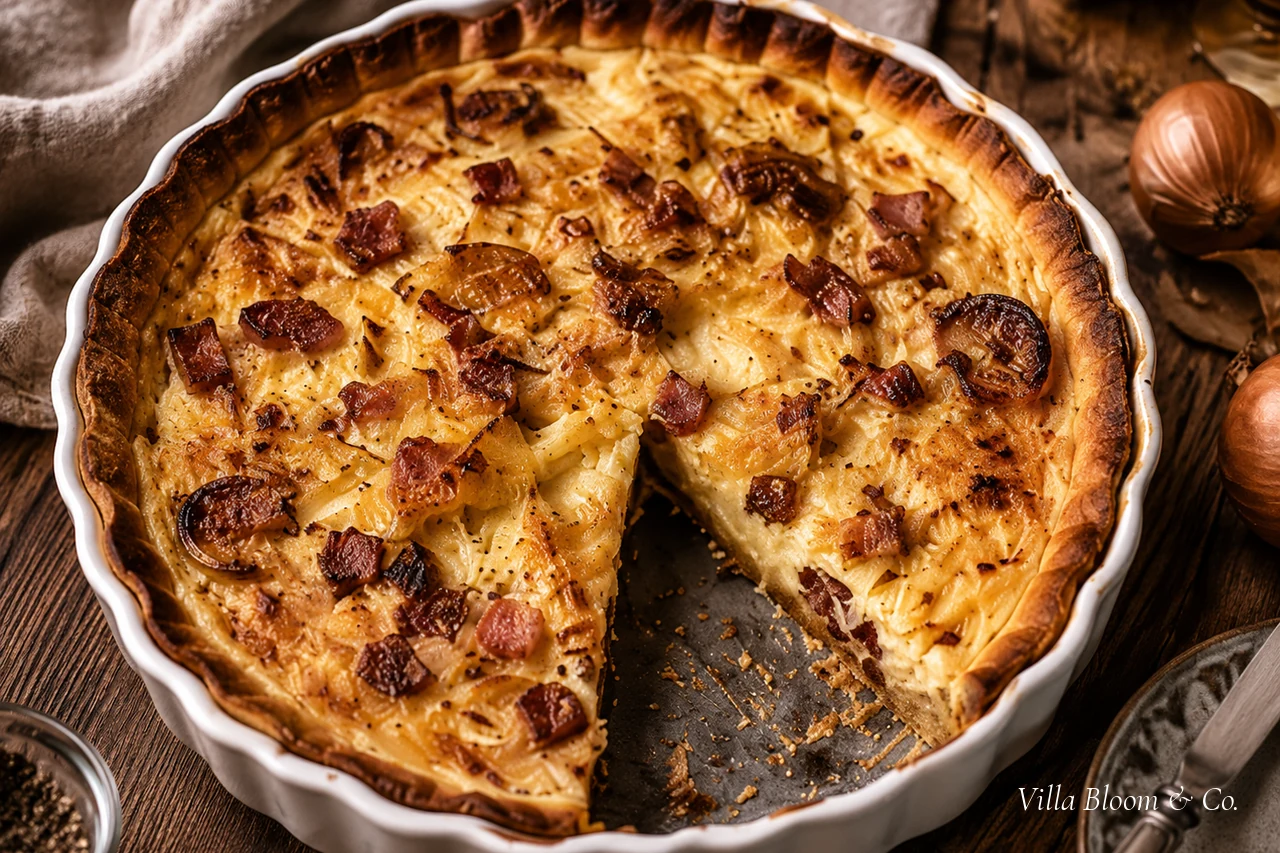 Angeschnittener Zwiebelkuchen mit Speckwürfeln in einer weißen Tarteform